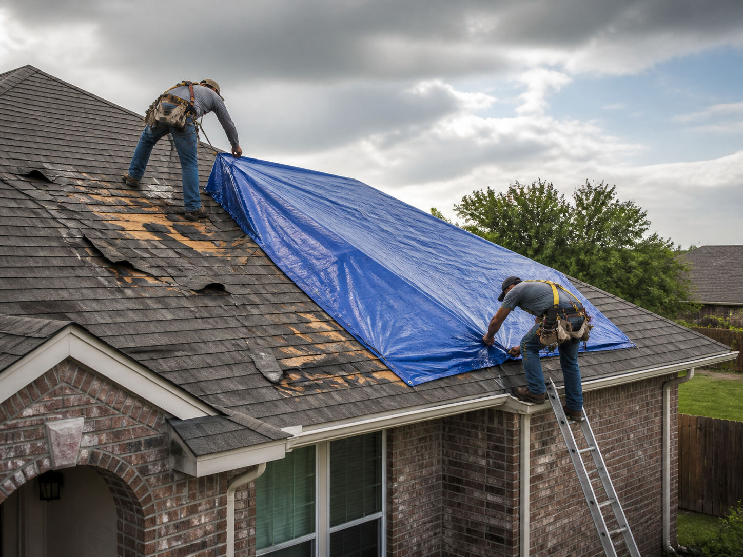 Emergency tarp covering a storm-damaged roof in San Antonio